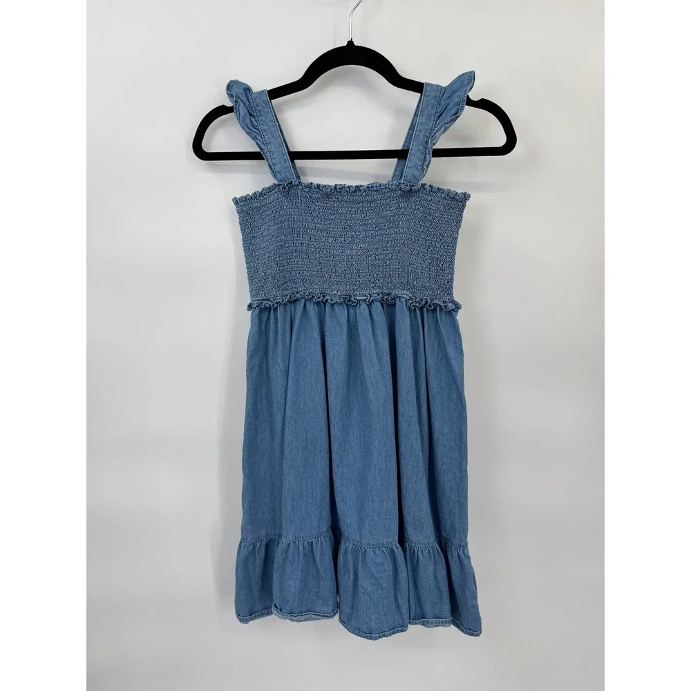 Janie and Jack Girls Blue Cotton Smocked Chambray Ruffle Dress Size 14
